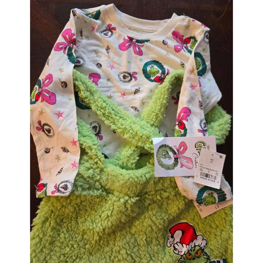 Dr Seuss The Grinch Couture Girls 2 Piece Faux Fur Overall Skirt & Tee Set 3T